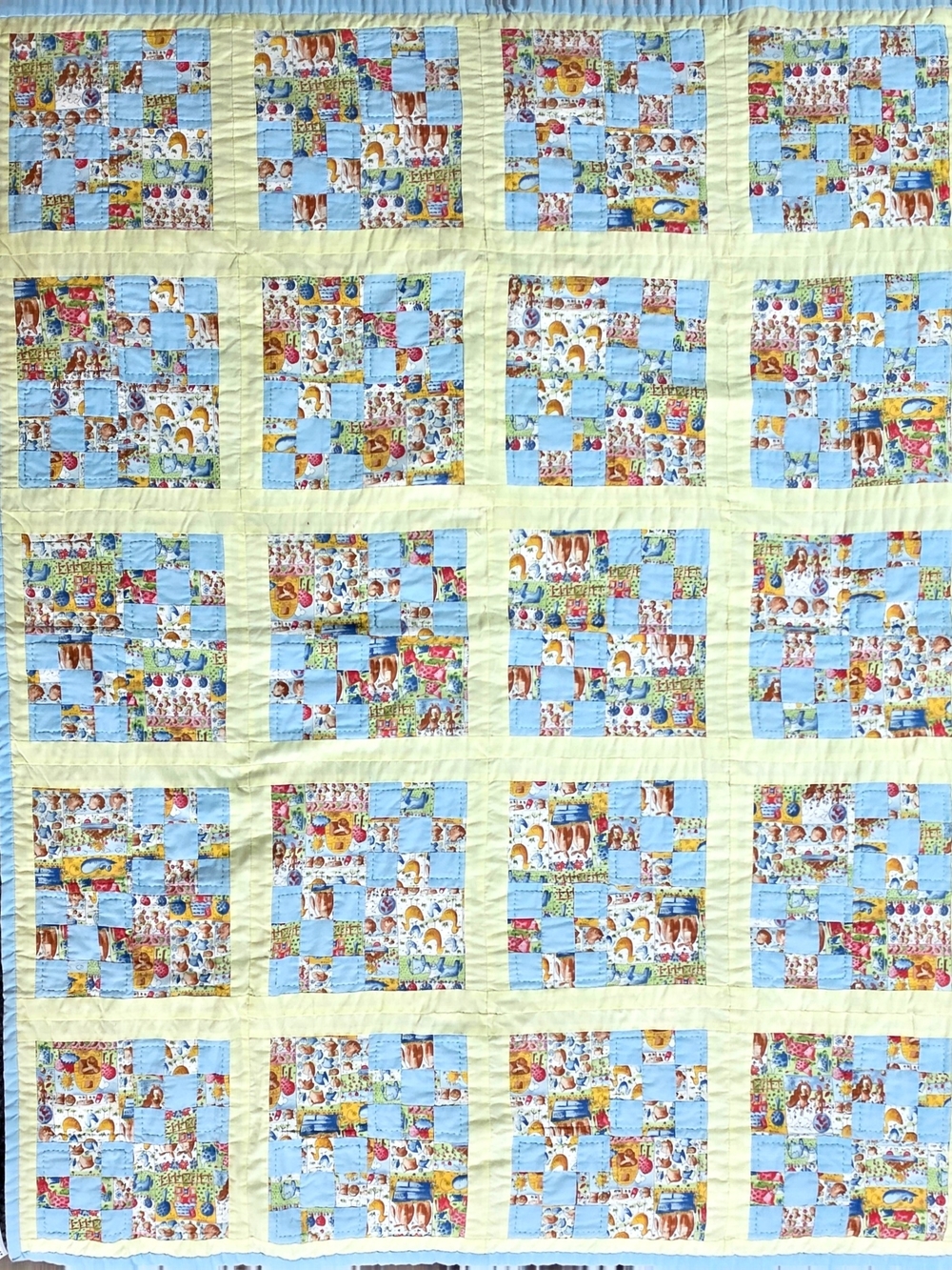 Hand Quilted Whimsical Animal Baby Patchwork Quilt in Blue and Yellow